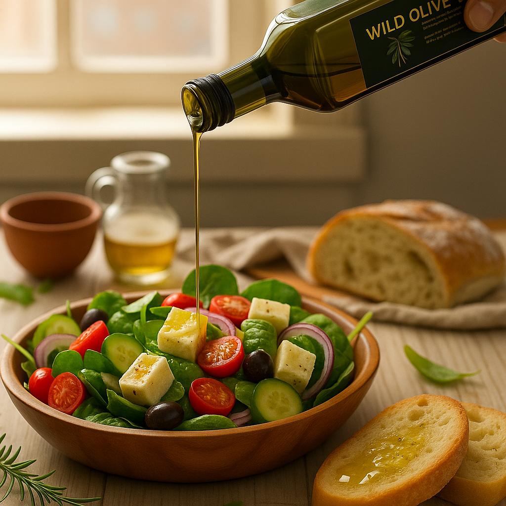 Wild olive oil pouring from bottle over fresh healthy salad