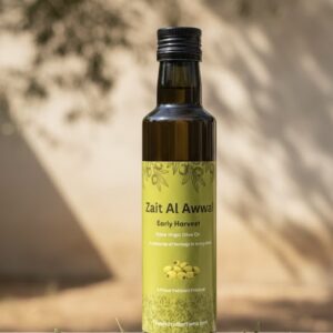 Early harvest extra virgin olive oil bottle cold pressed from fresh green olives