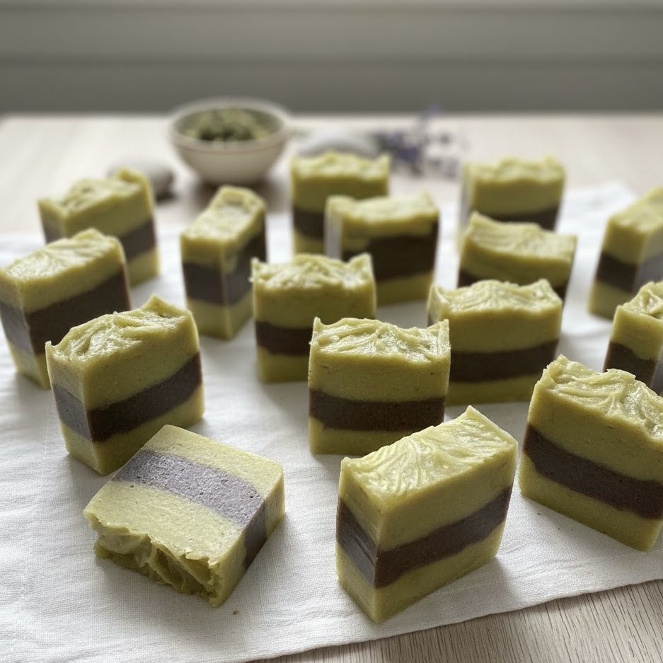 Stack of cold processed olive lavender soap bars for natural skincare
